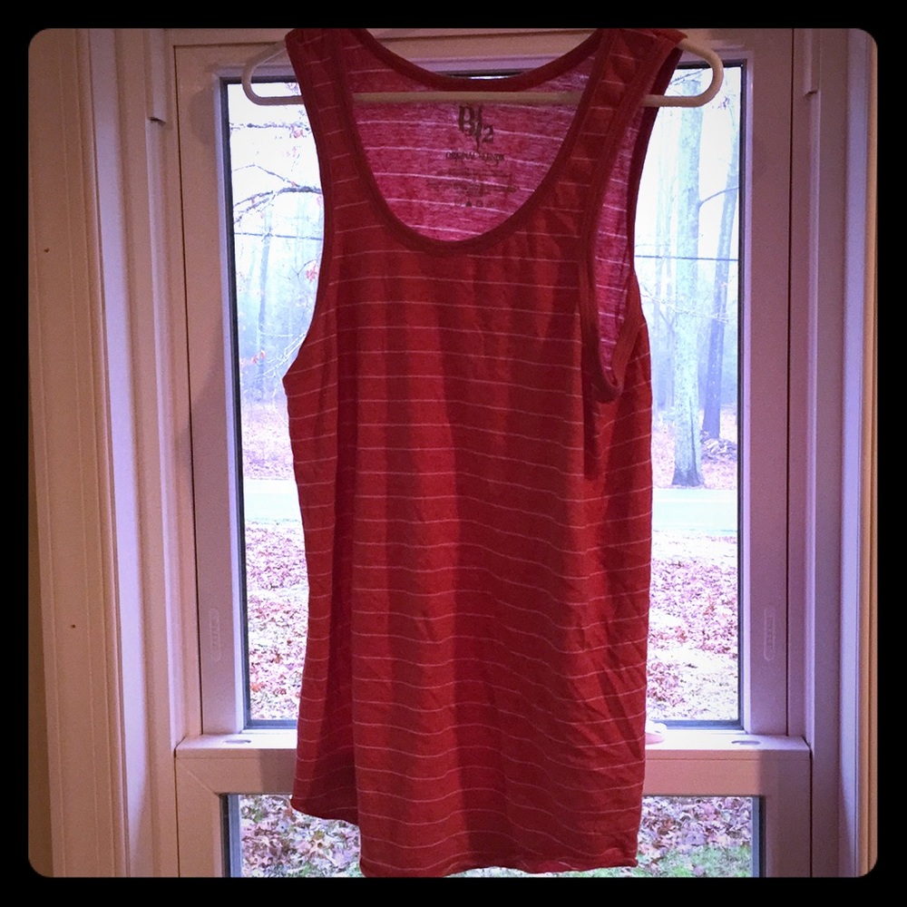 Red tank top with white stripes. Like new.